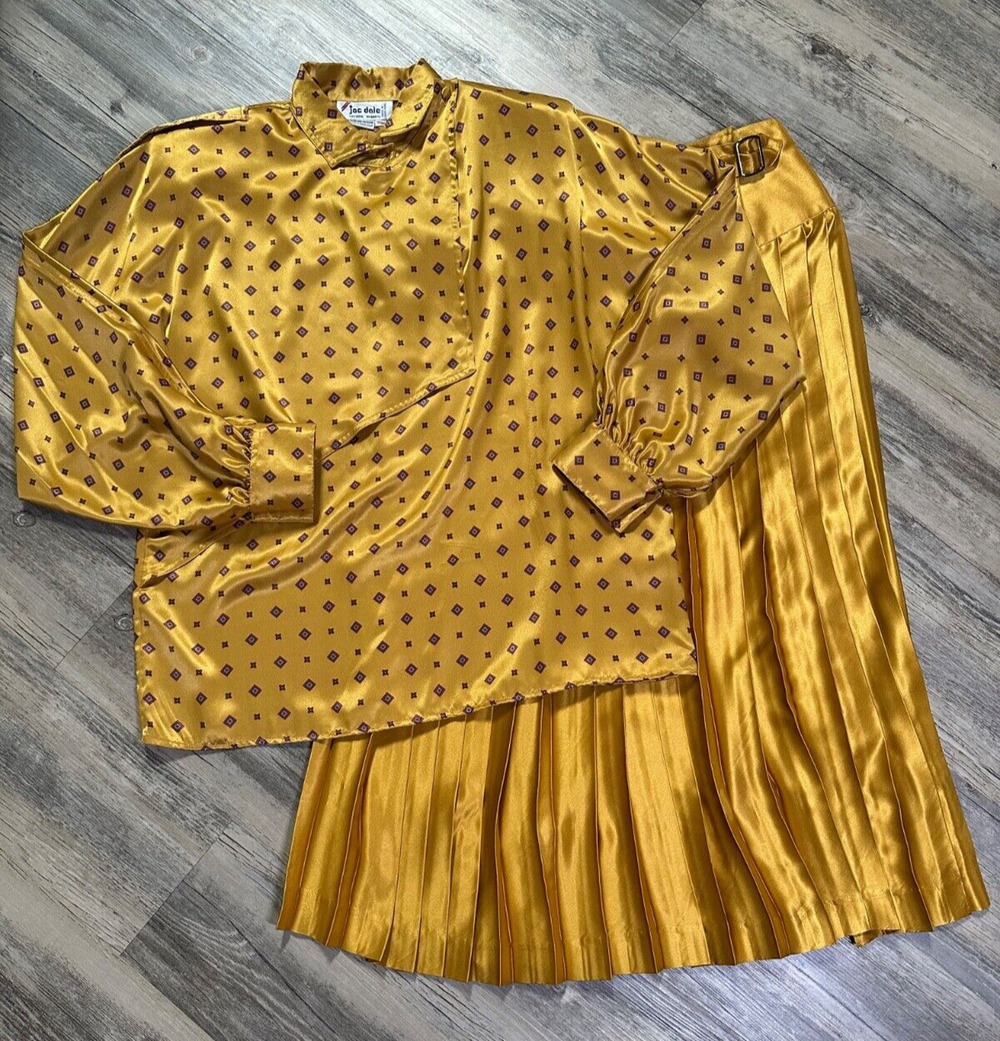 Vtg Jac Dale Gold Blouse & Pleated Skirt Outfit Yellow Satin 70s 80s Size 10/40
